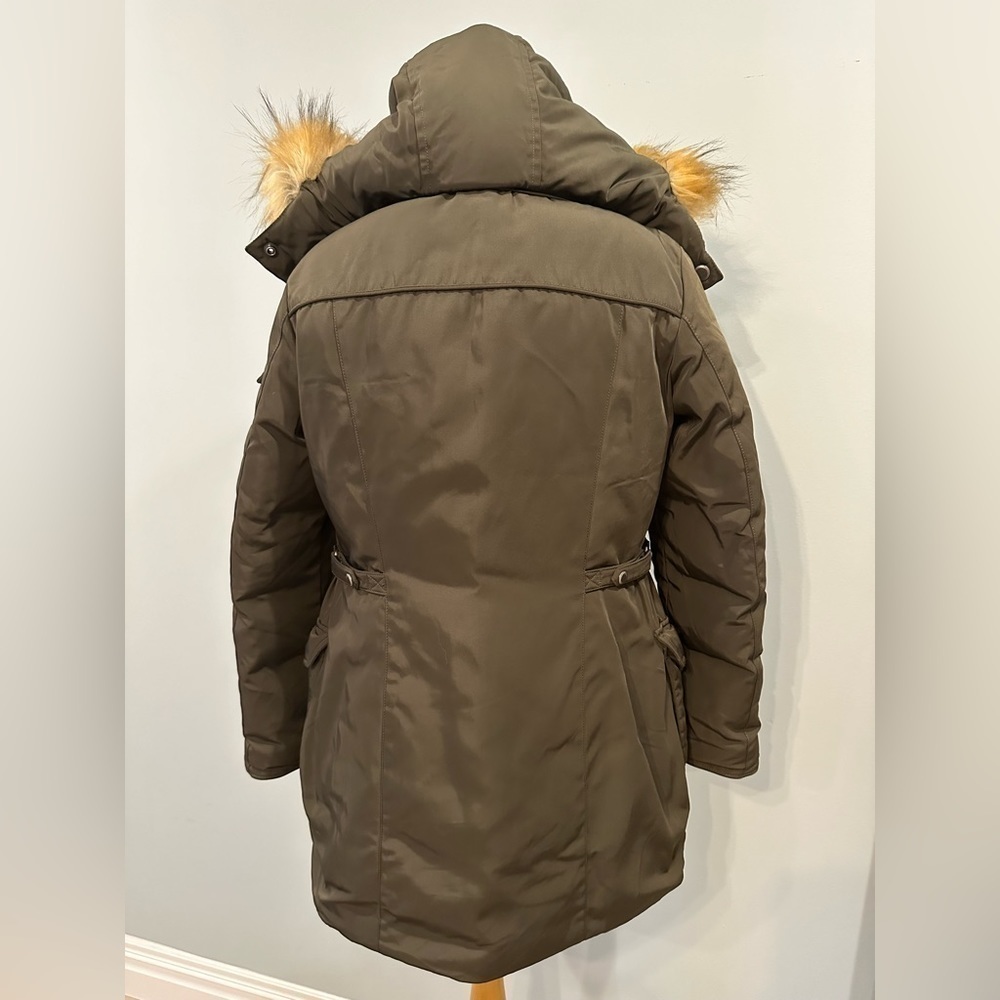 Andrew Marc New York Full Zip Faux Fur Down Feather Hooded Olive Puffer Coat - Picture 2 of 9